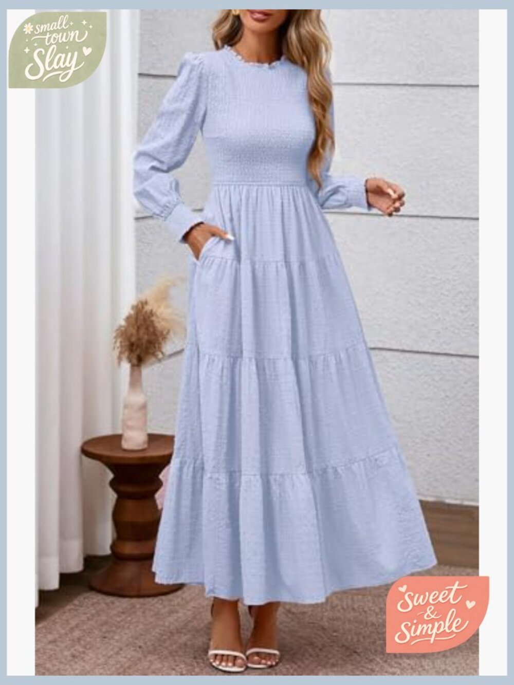 Long Sleeve Maxi Dress Smocked Waist Swiss Dot Formal Wedding Guest - Picture 3 of 7